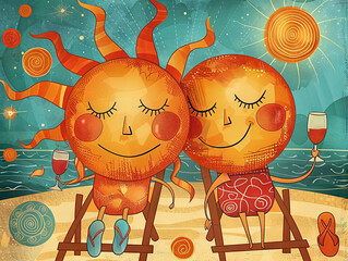 Wall Mural - Anthropomorphic suns on the beach