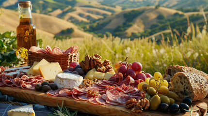 Wall Mural - a picnic scene featuring a charcuterie board with assorted meats, cheeses, nuts, and olives, set against a backdrop of rolling hills
