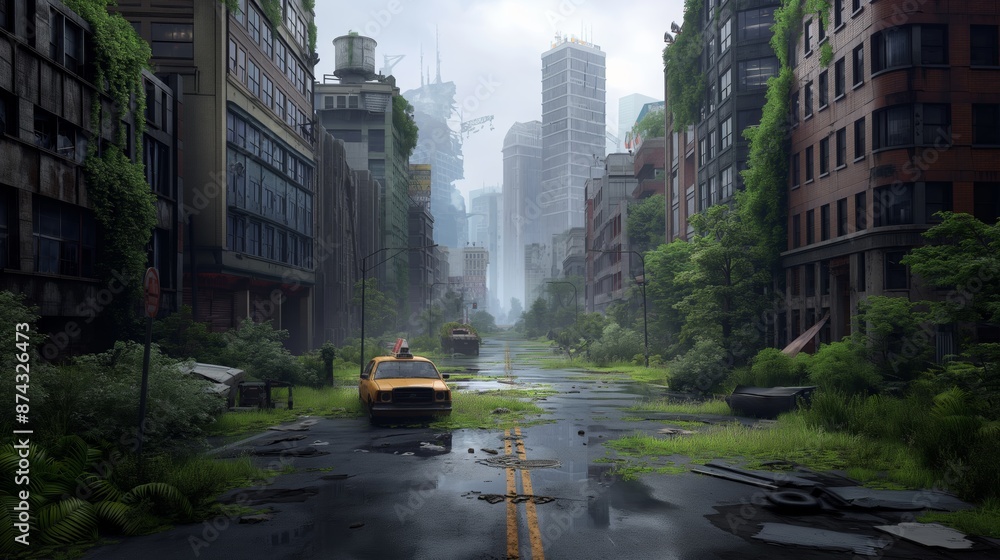 Abandoned city street with overgrown vegetation and ruined buildings ...