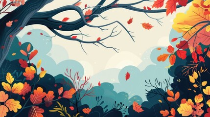 Illustration showcasing cartoon style flat 2d design of tree branches foliage and leaves in a natural setting