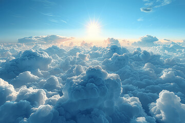 Canvas Print - beautiful blue sky with white clouds and sun photorealistic view from above the clouds in sunlight