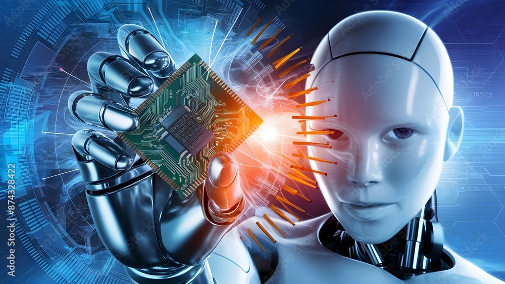 An sophisticated microprocessor is shown in a 3D picture of a humanoid ...