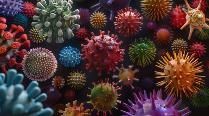 Aufkleber - A close-up illustration of various types of viruses in different colors and shapes.