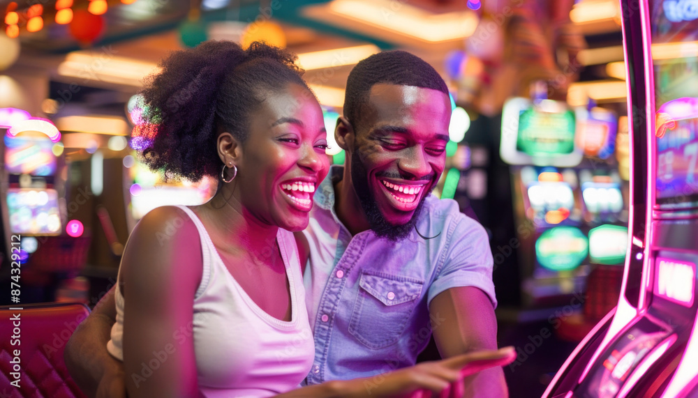 In a bustling casino, a man and a woman are happily engaged in playing a slot machine