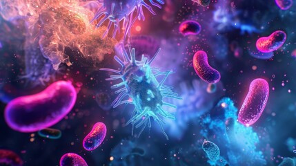 Fototapete - A vibrant, colorful 3D rendering of various bacteria and viruses in a microscopic view. The image showcases the complex and intricate structures of these microorganisms.