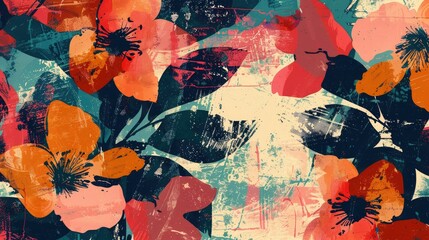 Wall Mural - trendy summer floral pattern with grunge texture and artistic design