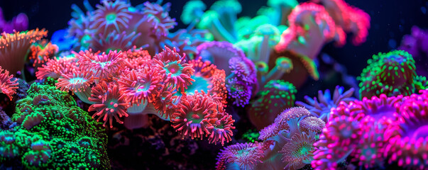 An enchanting scene of fluorescent corals in vibrant colors such as neon red, bright pink, and electric green, isolated on a black background to highlight their luminescence and intricate patterns.