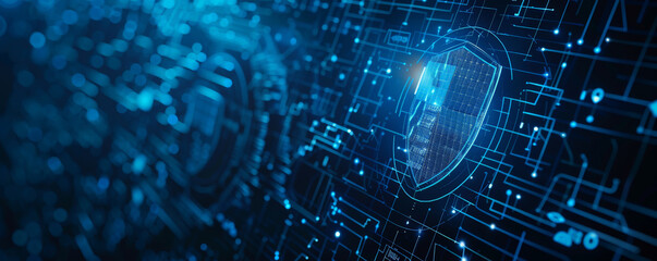 Blue-toned cyber security background featuring a digital shield, binary code, and abstract lines representing data protection.