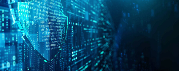 Poster - Blue-toned cyber security background featuring a digital shield, binary code, and abstract lines representing data protection.