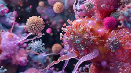 Fototapete - A close-up view of various colorful viruses and cells interacting, resembling a microscopic landscape.