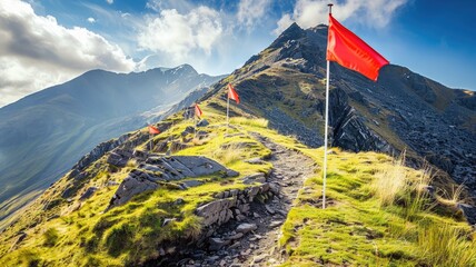 Wall Mural - Mountain path with flags and distant peaks under clouded sky