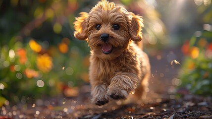 Adorable small brown puppy running joyfully in a vibrant garden with sunlight and colorful flowers in the background creating a happy, playful scenePuppy