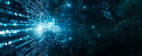 Cyber security theme with a digital lock, data streams, and matrix code on a dark blue background.