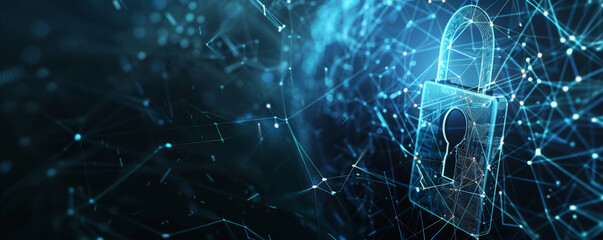 Cyber security theme with a digital padlock, interconnected lines, and matrix code on a dark blue background.