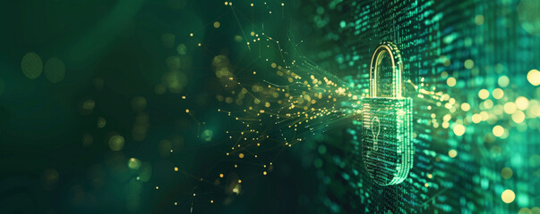 Digital security background with a 3D padlock, data streams, and matrix code on a dark green background.