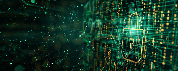 Digital security theme with a 3D padlock, data streams, and matrix code on a dark green background.