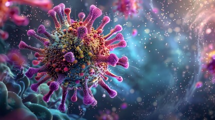Poster - A 3D rendering of a coronavirus particle, featuring a colorful, detailed depiction of the virus's spikes and structure.