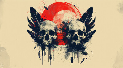 Wall Mural - abstract depiction of feathers and skulls in a balanced, minimalist design, using a limited color palette to emphasize the elements