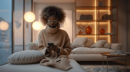 Wall Mural - Confident mixed race woman using smartphone at night under city lights