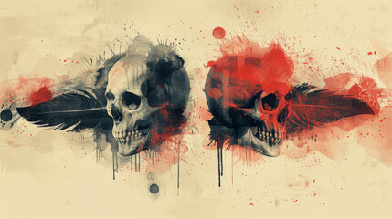 Wall Mural - abstract depiction of feathers and skulls in a balanced, minimalist design, using a limited color palette to emphasize the elements