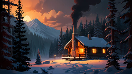 Illustration of a cozy holiday cabin in the woods, surrounded by tall pine trees covered in snow, with warm light glowing from the windows and smoke rising from the chimney