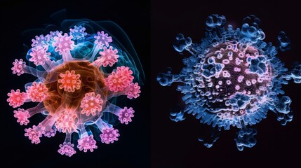 Aufkleber - A microscopic image of two different viruses, one in shades of red and pink, and the other in shades of blue.