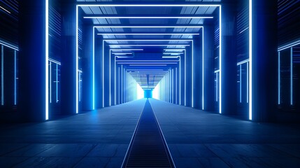 Canvas Print - Futuristic blue-lit minimalist corridor with symmetrical architectural patterns and geometric