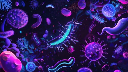 Fototapete - A microscopic view of various bacteria and viruses, glowing in vibrant neon purple and blue hues against a black background.