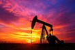 © amankris99 - Silhouette of an oil pump jack against a vibrant sunset sky.