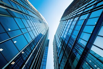 a closeup of the side profile of two modern office buildings with glass facades.