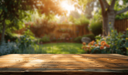 Empty wooden table top on blurred backyard garden with grill BBQ, perfect for product display or montage, high quality photo