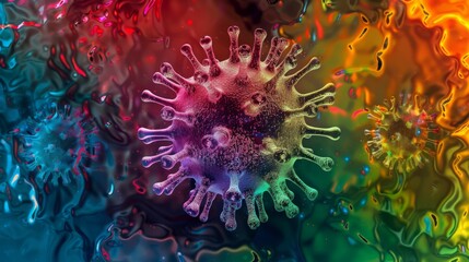 Aufkleber - A detailed 3D rendering of a virus particle, with a rainbow-like color scheme and a blurry, abstract background.