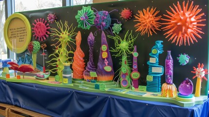 Poster - Colorful 3D models of different viruses are displayed on a table covered in blue fabric.