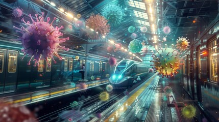 Fototapete - A train arrives at a futuristic train station, surrounded by floating virus particles.
