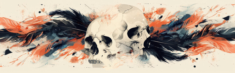 Wall Mural - abstract depiction of feathers and skulls in a balanced, minimalist design, using a limited color palette to emphasize the elements