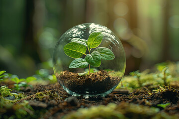 Eco-Friendly Forest Sphere with Growing Plants in Glass Globe Symbolizing Environment Protection and Sustainability