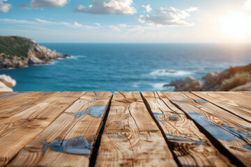 Wall Mural - Wooden Table Top with Blue Sea and Sky in Summer Vacation Setting