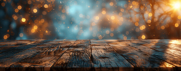 Wall Mural - Wooden Table Top with Light Blue and Brown Blurred Background for Product Display, Natural Design