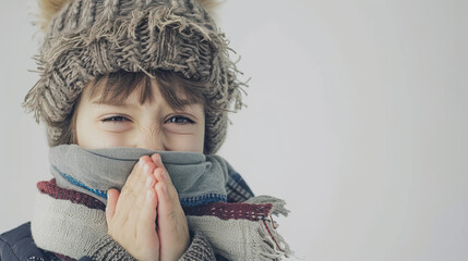 Wall Mural - A young boy wearing a hat and scarf is blowing his nose