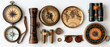 © byerenyerli - Various antique compasses, binoculars and a world map, binoculars, glasses on a white background collection set, design elements, Top view, flat lay.