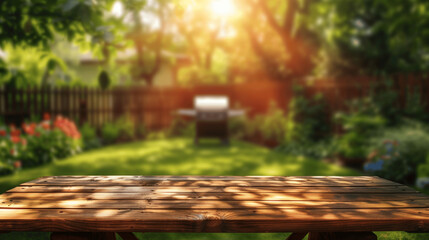 Wall Mural - Wooden Table with Blurred BBQ and Garden Background for Summer Product Display