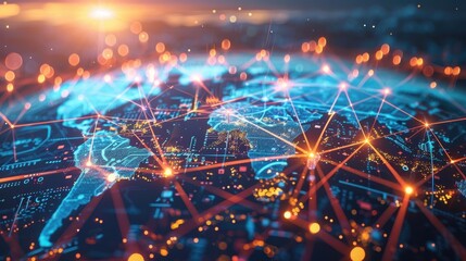 Illuminated Global Data Transfer Network with Glowing Lines and Digital Connections
