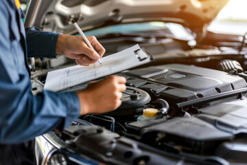 Poster - A mechanic is writing on a clipboard next to a car engine