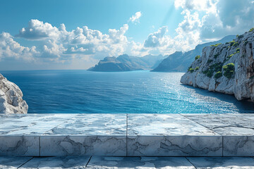 Wall Mural - White Marble Table Top with Blurred Sea and Sky Background on Greek Island for Product Display - High Resolution Photo