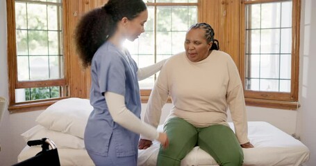 Wall Mural - Physiotherapist, senior woman and wheelchair by bed with steps, recovery and healthcare in clinic. Nurse, helping hand and elderly person with disability, injury or rehabilitation in room at hospital