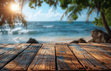 Wall Mural - Empty Wooden Table with Blurred Beach Background for Summer Product Display, Vacation Concept