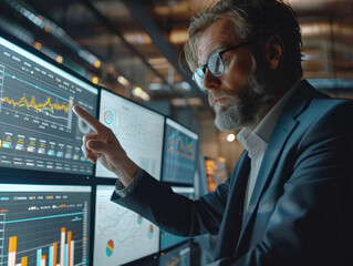 A man in a suit pointing at a computer screen with multiple graphs