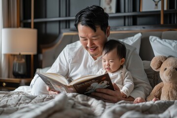 Wall Mural - A wealthy Asian father reading a bedtime story to his child in a luxurious bedroom