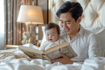 Wall Mural - A wealthy Asian father reading a bedtime story to his child in a luxurious bedroom