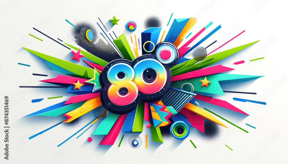 80s Exploding Poster Vibrant 80s-themed explosion of colors and shapes, perfect for flyers ...